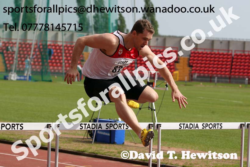 Liam Collins (Gateshead) senior mens 400 metres hurdles at the North Eastern Championships, Gateshead International Stadium.  Photos: David T. Hewitson/Sports for All Pics